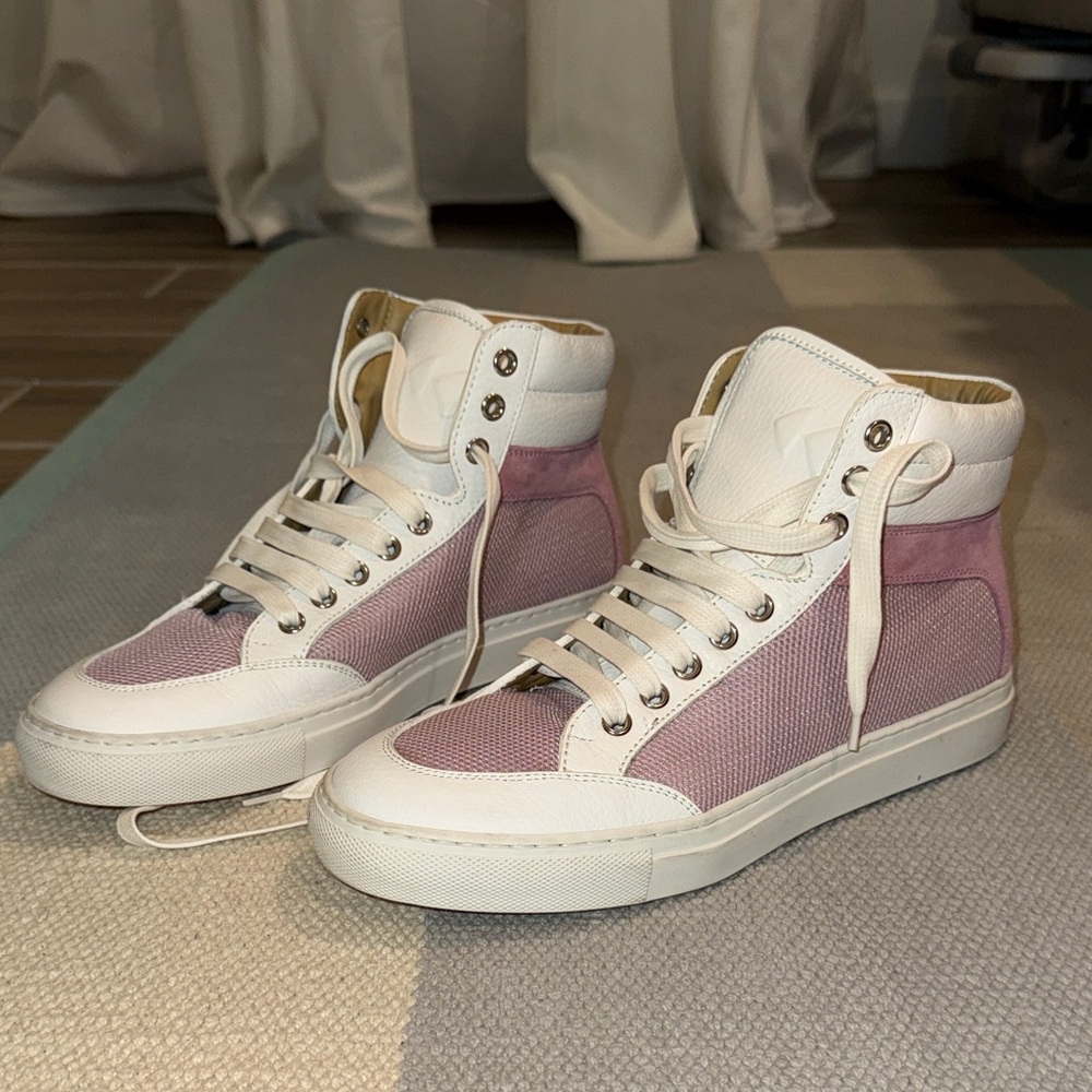 Koio Womenβs White and Pink High-Top Sneakers